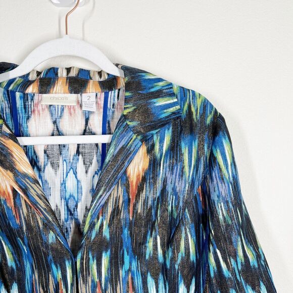 Chicos Linen Blend Ruched Sleeve Jacket Size L Ikat Print Blue Metallic Collared - Picture 2 of 12
